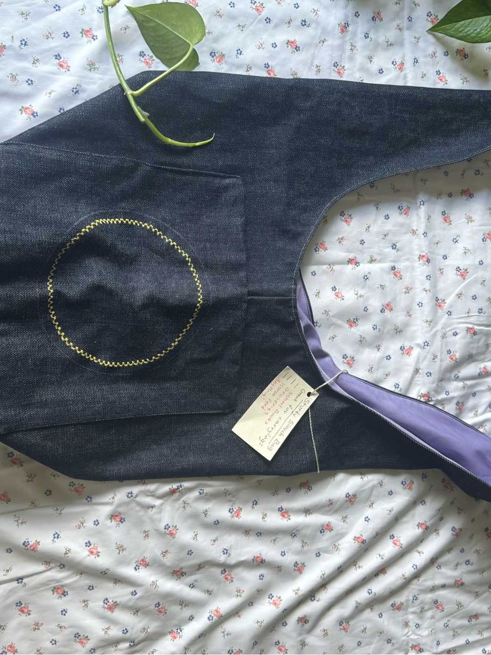 Denim Crossbody Slouch Bag with Yellow Stitch Accent